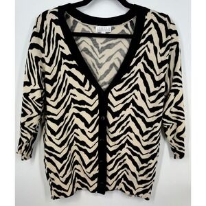 Y2K Statement Zebra Stripe Cardigan Black Ivory V Neck Button Front Size L